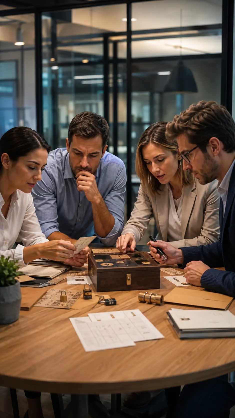 Equipo resolviendo un Escape Game corporativo sobre la mesa